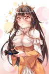  1girl :o absurdres black_hair blush breasts cleavage controller crown dualshock earrings game_controller gamepad hair_between_eyes highres jewelry large_breasts orange_eyes queen_elizabeth_(zhan_jian_shao_nyu) solo star star-shaped_pupils symbol-shaped_pupils zhan_jian_shao_nyu zhou_yu_(ppaaqz1995) 