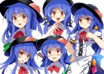  ! 1girl :d :o black_hat blue_hair blue_skirt blush bow bowtie brown_eyes clenched_hand closed_mouth cowboy_shot d: dress_shirt e.o. expressions food frills fruit hand_on_hip happy hat hinanawi_tenshi laughing leaf long_hair looking_at_viewer multiple_views open_mouth peach puffy_short_sleeves puffy_sleeves rainbow_order red_bow red_bowtie red_eyes shirt short_sleeves shy sidelocks skirt smile star surprised touhou very_long_hair white_background white_shirt wide-eyed 
