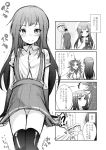  !? 1boy 2girls 3: 4koma admiral_(kantai_collection) age_progression aikura_(twilight_dusk) asashio_(kantai_collection) blush buttons comic eyebrows eyebrows_visible_through_hair fingerless_gloves gloves greyscale hat jun&#039;you_(kantai_collection) kantai_collection long_hair monochrome multiple_girls navel panties pantyshot remodel_(kantai_collection) school_uniform short_sleeves skirt skirt_tug spiky_hair suspenders thigh-highs translated underwear wavy_mouth 