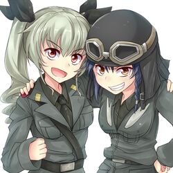  2girls anchovy arm_around_neck bangs belt black_hair black_shirt braid brown_eyes dress_shirt drill_hair girls_und_panzer green_hair grey_jacket grin hair_ribbon hand_on_hip helmet kitayama_miuki long_hair long_sleeves looking_at_viewer military military_uniform multiple_girls necktie open_mouth pepperoni_(girls_und_panzer) red_eyes ribbon shirt short_hair shoulder_belt side_braid simple_background smile standing twin_drills twintails uniform upper_body white_background 