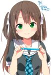  1girl blush brown_hair commentary_request dated face green_eyes hair_ribbon holding holding_pencil long_hair looking_at_viewer mechanical_pencil neckerchief original pencil ragho_no_erika ribbon school_uniform serafuku short_sleeves signature smile solo two_side_up upper_body 