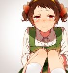  1girl alternate_hairstyle blurry blush bow brown_hair closed_mouth collared_shirt crying crying_with_eyes_open depth_of_field dress green_dress hair_bow hands_on_own_knees hyouka ibara_mayaka kiri_(lwp01_lav) looking_at_viewer nose_blush pinafore_dress red_bow red_eyes shirt short_hair short_twintails sitting solo tears twintails white_background white_legwear white_shirt wing_collar 