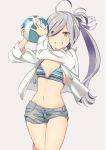  1girl asashimo_(kantai_collection) ball beachball bikini bikini_top grey_eyes grey_hair grin hair_over_one_eye highres holding jacket kantai_collection long_hair long_sleeves looking_at_viewer navel open_clothes open_jacket short_shorts shorts simple_background smile solo standing striped striped_bikini swimsuit teeth ume_(plumblossom) 