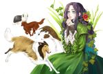  1girl 29tarou black_hair blue_eyes dog dress flower howl&#039;s_moving_castle_(novel) leaf lettie_hatter long_hair plant vines 