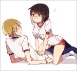  1boy 1girl bangle black_hair blonde_hair blush bracelet breasts brown_eyes buruma durarara!! ear_clip embarrassed flying_sweatdrops glasses gym_uniform impossible_clothes impossible_shirt jewelry kida_masaomi kiri_(lwp01_lav) kneehighs looking_at_another name_tag parted_lips profile rimless_glasses shirt short_hair short_sleeves sitting sitting_on_person sonohara_anri sweat white_background white_legwear white_shirt 