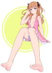  1girl arm_support bare_legs bare_shoulders barefoot blue_eyes blush brown_hair deca_purio dress feet full_body hair_ribbon jewelry legs long_hair looking_at_viewer necklace original pink_dress ribbon sitting sleeveless sleeveless_dress soles solo toes two_side_up 