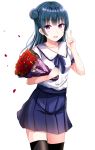  blue_hair blush bouquet long_hair love_live!_sunshine!! pink_eyes rose rose_petals smile tsushima_yoshiko white_background 