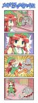  1girl 4koma =_= anger_vein bag bandaid bangs beret blue_eyes braid collar colonel_aki comic dog dog_collar doghouse fighting gate hand_up hat hong_meiling kicking long_hair martial_arts open_mouth overalls parted_bangs redhead shirt shoulder_bag skateboard smile sparkle star sweatdrop thumbs_up touhou translation_request very_long_hair wall white_shirt 
