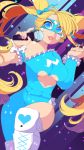  1girl abs alternate_costume blonde_hair blue_eyes breasts cleavage domino_mask frills heart_cutout highres knee_pads looking_at_viewer mask microphone parted_lips queen_ashi rainbow_mika smile solo street_fighter street_fighter_v toned twintails wrestling_outfit 