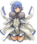  1girl ahoge blue_eyes blue_hair character_request copyright_request covered_navel covered_nipples detached_sleeves dress long_sleeves looking_to_the_side sachito short_dress short_hair simple_background sleeves_past_wrists smile solo thigh-highs white_background white_dress white_legwear wide_sleeves zettai_ryouiki 