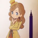  1girl blue_eyes blush_stickers brown_hat brown_jacket buttons catriel_layton closed_mouth curly_hair dress finger_to_mouth hat ilya_kuvshinov lady_layton light_brown_hair long_hair long_sleeves mini_hat mini_top_hat paper pen photo professor_layton red_dress smile solo thinking top_hat traditional_media upper_body 