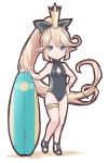  1girl :&lt; black_bow black_swimsuit blonde_hair blue_eyes bow bracelet breasts charlotta_(granblue_fantasy) cleavage cleavage_cutout crown full_body granblue_fantasy hair_bow hair_up harbin high_ponytail jewelry long_hair one-piece_swimsuit pointy_ears sandals sherad simple_background solo standing surfboard swimsuit thigh_strap white_background 