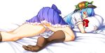  1girl bangs bed_sheet black_legwear blue_hair blue_skirt breasts covered_mouth feet food frilled_skirt frills from_behind from_below fruit hat hat_ribbon highres hinanawi_tenshi kneehighs kyokucho leaf long_hair looking_at_viewer lying miniskirt no_shoes on_bed on_stomach panties pantyshot pantyshot_(lying) peach pillow pillow_hug pleated_skirt red_eyes ribbon shirt short_sleeves skirt soles solo striped striped_panties toes touhou underwear upskirt white_shirt 