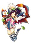  &gt;;d 1girl ;d ar_nosurge armpits arms_up blue_shoes brown_eyes clenched_hands covered_navel detached_sleeves fang flower highres long_hair nayaflask ntny official_art one_eye_closed open_mouth purple_hair shoes side_ponytail silhouette smile solo striped striped_legwear thigh-highs white_background 