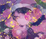  1girl abstract_background anabone blob blue_hair commentary_request dark doremy_sweet dress hat looking_at_viewer nightcap one_eye_covered pom_pom_(clothes) short_hair smile solo touhou upper_body yellow_eyes 