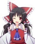 1girl ;d ascot bare_shoulders black_hair bow detached_sleeves hair_bow hair_tubes hakurei_reimu one_eye_closed open_mouth red_eyes shefu smile solo touhou white_background 
