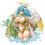  1girl blue_hair blush breasts highres large_breasts long_hair looking_at_viewer navel sachito simple_background smile solo white_background wings yellow_eyes 