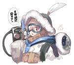  +_+ 1girl backpack bag blush coat cosplay gloves goggles gun hibanar holding holding_gun holding_weapon kaburi_chiko looking_at_viewer mei_(overwatch) mei_(overwatch)_(cosplay) open_mouth original overwatch red_eyes silver_hair simple_background solo symbol-shaped_pupils translation_request weapon white_background winter_clothes 