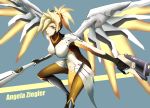  1girl absurdres blonde_hair blue_background bodysuit breasts character_name dual_wielding gloves green_eyes gun hair_over_one_eye handgun high_ponytail highres large_breasts leaning_forward light_smile long_hair looking_at_viewer mechanical_halo mechanical_wings mercy_(overwatch) murasaki_tachi overwatch pantyhose pistol ponytail simple_background solo staff weapon wings 