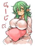  1girl :o bangs blush breasts character_request copyright_request covered_nipples green_eyes green_hair hair_between_eyes large_breasts long_hair long_sleeves pajamas pillow pointy_ears sachito simple_background sitting solo white_background 