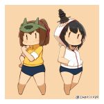  2girls alternate_costume black_hair blush brown_eyes brown_hair capriccyo clenched_hand commentary_request hair_ornament hair_ribbon hand_on_hip hands_in_pockets headgear hood hoodie ise_(kantai_collection) kantai_collection long_hair looking_at_viewer multiple_girls one-piece_swimsuit ponytail red_eyes ribbon short_hair sleeveless sleeves_rolled_up smile swimsuit swimsuit_under_clothes twitter_username visor_cap yamashiro_(kantai_collection) 