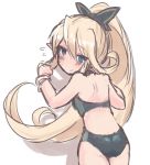  1girl black_bow blonde_hair blue_eyes blush bow bracelet charlotta_(granblue_fantasy) competition_swimsuit flying_sweatdrops from_behind granblue_fantasy hair_bow hair_up jewelry long_hair looking_back one-piece_swimsuit sherad simple_background solo swimsuit white_background 