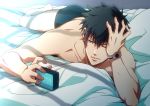  1boy alarm_clock bed bed_sheet black_hair blue_eyes boxers clock hand_in_hair kougami_shin&#039;ya looking_down lying male_focus messy_hair on_stomach one_eye_closed pillow psycho-pass rion8014 solo topless underwear waking_up 