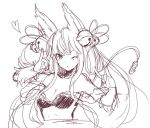  1girl \m/ animal_ears bangs bell breasts cleavage erun_(granblue_fantasy) fox_ears gloves granblue_fantasy hair_ornament hair_ribbon heart jingle_bell long_hair monochrome one_eye_closed ribbon sherad simple_background solo upper_body white_background yuel_(granblue_fantasy) 