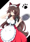 1girl animal_ears apron breasts brown_hair cleavage collarbone dress fingernails hand_in_hair imaizumi_kagerou jewelry kagayama_hajime large_breasts long_fingernails long_hair looking_at_viewer maid maid_apron maid_headdress necklace red_eyes solo tail touhou wolf_ears wolf_tail 