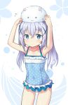  1girl angora_rabbit blue_eyes blue_hair bunny_on_head casual_one-piece_swimsuit gochuumon_wa_usagi_desu_ka? kafuu_chino long_hair one-piece_swimsuit rabbit saiste standing swimsuit tippy_(gochuumon_wa_usagi_desuka?) twintails x_hair_ornament 