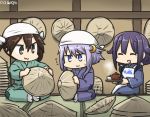  3girls ahoge apron brown_hair commentary crescent crescent_hair_ornament cup dated flying_sweatdrops hair_between_eyes hair_ornament hair_ribbon hamu_koutarou hat head_scarf kantai_collection long_hair low_twintails multiple_girls purple_hair ribbon rice_hat short_hair_with_long_locks sidelocks taigei_(kantai_collection) teacup teapot tone_(kantai_collection) tray twintails yayoi_(kantai_collection) 