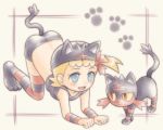  1girl all_fours animal_costume animal_hat asymmetrical_hair blonde_hair blue_eyes bow cat_hat eureka_(pokemon) hair_bow hat litten_(pokemon) litten_(pokemon)_(cosplay) midriff open_mouth paw_print pokemon pokemon_(creature) porocha short_hair striped striped_legwear tail wristband yellow_sclera 