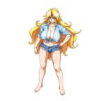  1girl alternate_costume bangs barefoot blonde_hair blue_shirt breasts collarbone covered_nipples cutoffs denim denim_shorts fingernails hand_on_hip highres hips horn hoshiguma_yuugi huge_breasts legs lips long_hair long_sleeves neck numahana pointy_ears red_eyes shiny shiny_hair shiny_skin shirt shorts sleeves_rolled_up solo thighs toes toned touhou tsurime very_long_hair 