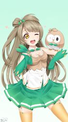  blush brown_eyes brown_hair crossover dress happy love_live!_school_idol_project minami_kotori pokemon rowlet short_hair side_ponytail wink 