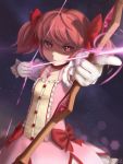  1girl arrow artist_name bow bow_(weapon) buttons collarbone dress gloves hair_bow highres kaname_madoka mahou_shoujo_madoka_magica novcel pink_eyes pink_hair ringed_eyes serious solo star_(sky) twintails weapon 