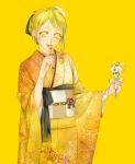  1girl ayakami blonde_hair eating furisode hair_ornament highres japanese_clothes kimono long_hair looking_at_viewer original solo yellow_background yellow_eyes 