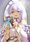 1girl :d bare_shoulders blue_bow blurry blurry_background book bow circlet detached_sleeves dress fire_emblem fire_emblem:_genealogy_of_the_holy_war fire_emblem_heroes highres holding holding_book indoors julia_(fire_emblem) looking_at_viewer open_mouth purple_hair smile solo turtleneck_dress upper_body violet_eyes white_dress wide_sleeves window yukia_(firstaid0) 