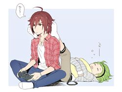  11kkr 2boys ahoge amagase_touma blue_background brown_hair feet_up green_eyes green_hair hairband hood hoodie idolmaster idolmaster_side-m indian_style lying mitarai_shouta multiple_boys on_back pillow playing_games playstation_controller red_eyes simple_background sitting sleeping socks sweatdrop 