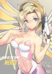  1girl artist_name bare_shoulders blonde_hair blue_eyes breasts character_name cleavage collarbone covered_navel cowboy_shot dress fingernails gun hand_on_own_chest hand_up headgear holding holding_gun holding_weapon large_breasts lips long_fingernails mechanical_halo mechanical_wings mercy_(overwatch) overwatch ponytail short_hair sleeveless sleeveless_dress smile solo spread_wings weapon wings 