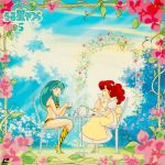  2girls 80s boots chair cover cup dress flower green_hair hair_over_shoulder holding long_hair lum multiple_girls official_art oldschool open_mouth outdoors puffy_sleeves redhead sitting table tea teacup teapot tiger_print urusei_yatsura 