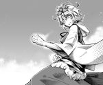  1girl dra fighting_stance hair_ornament monochrome short_hair solo toramaru_shou touhou wide_sleeves 