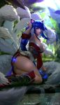  1girl ahri animal_ears arm_support armpits blue_eyes blue_hair boots braid breasts c-a-t_c-a-t closed_mouth detached_sleeves facial_mark fox_ears fox_tail highres knee_boots korean_clothes league_of_legends long_hair looking_at_viewer low_neckline multiple_tails outdoors panties pantyshot pantyshot_(sitting) plant realistic sitting solo tail twitter_username underwear very_long_hair water water_drop watermark white_panties 