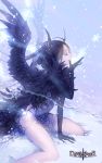  1girl bare_legs bird_wings black_hair closed_eyes devil_maker ggoorri gloves horns sitting snow snowflakes solo thighs wings 
