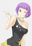  1girl blue_eyes breasts carina_(one_piece) cleavage earrings grey_background hair_bun jack-barro jewelry necklace one_eye_closed one_piece one_piece_film_gold purple_hair simple_background solo star teeth 