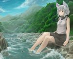  1girl barefoot food fruit inubashiri_momiji nature netamaru no_hat river soaking_feet solo touhou watermelon 