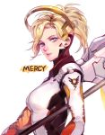  1girl armor bangs blonde_hair blue_eyes bodysuit breastplate breasts character_name closed_mouth headgear holding holding_staff holding_weapon lips long_hair looking_at_viewer mechanical_halo mechanical_wings mercy_(overwatch) overwatch ponytail simple_background solo staff turtleneck upper_body weapon white_background wing_print wings 