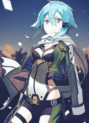  1girl aqua_hair blue_hair breasts fingerless_gloves fuotchan gloves highres scarf shinon_(sao) short_hair short_shorts shorts solo sword_art_online 