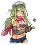  1girl beanie bikini_top black_gloves blush breasts bright_pupils character_request cleavage elbow_gloves gloves green_hair groin hat long_hair low_ponytail navel original poke_ball pokemon sachito scarf short_shorts shorts simple_background smile solo violet_eyes white_background 
