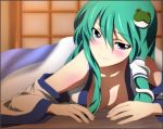  1girl blue_eyes breast_press breasts cleavage detached_sleeves frog_hair_ornament green_hair hair_ornament indoors kochiya_sanae large_breasts long_hair looking_at_viewer solo touhou yadokari_genpachirou 