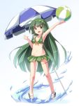  :d ahoge arm_up armpits ball beach_umbrella beachball bikini bikini_skirt breasts gradient gradient_background green_hair hairband long_hair navel open_mouth pigeon-toed ryogo sandals simple_background small_breasts smile splashing swimsuit thigh_strap touhoku_zunko umbrella very_long_hair vocaloid voiceroid water yellow_eyes 